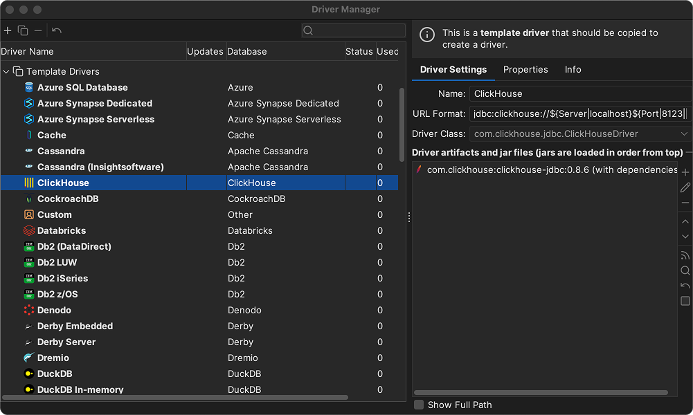 ClickHouse JDBC 드라이버 구성이 표시된 DbVisualizer 드라이버 관리자 인터페이스