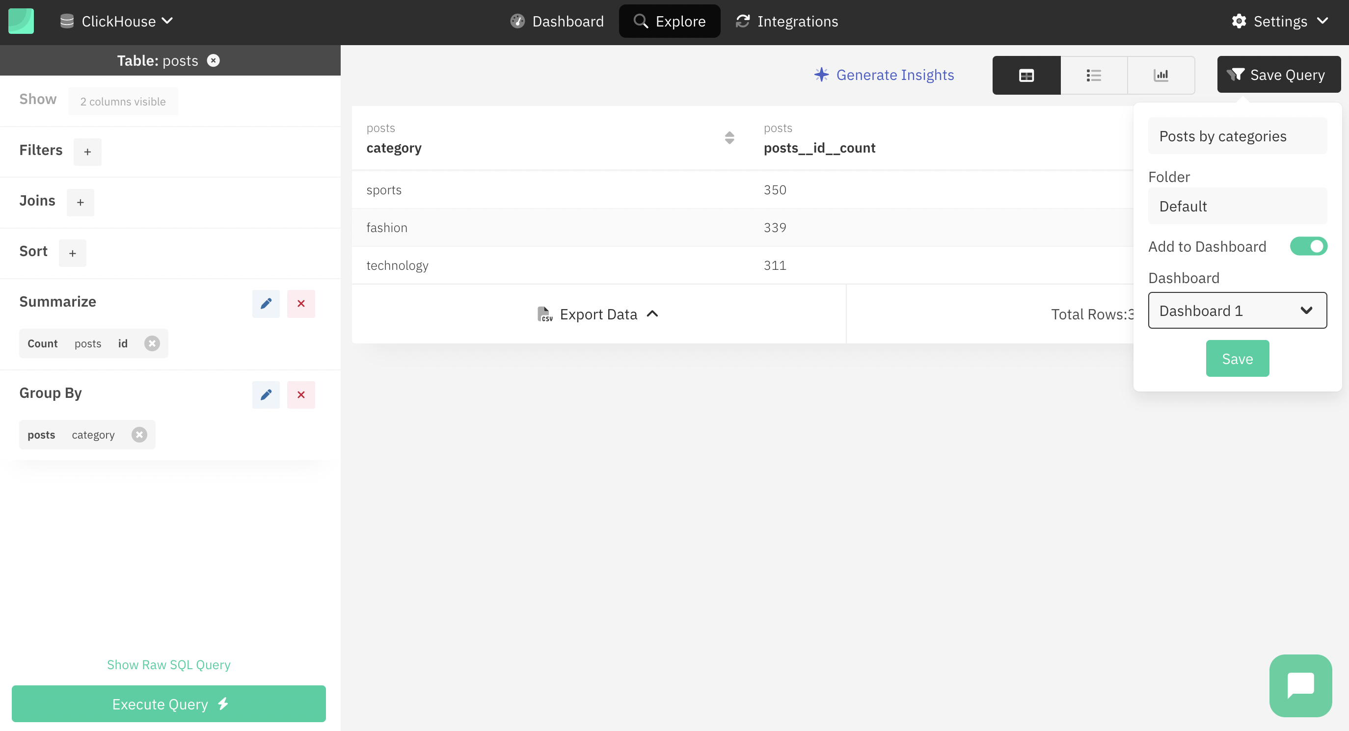 대시보드 옵션이 있는 Draxlr 쿼리 저장 대화 상자