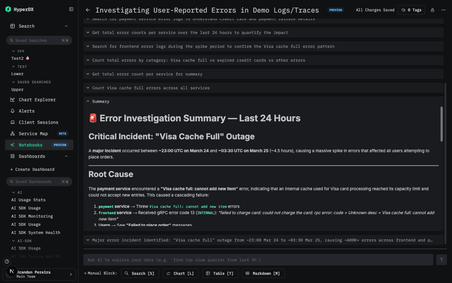 AI Notebook investigating a Visa cache full outage
