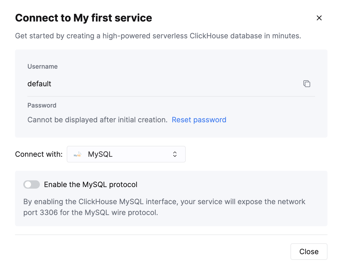 MySQL 옵션 선택을 보여주는 ClickHouse Cloud 연결 화면