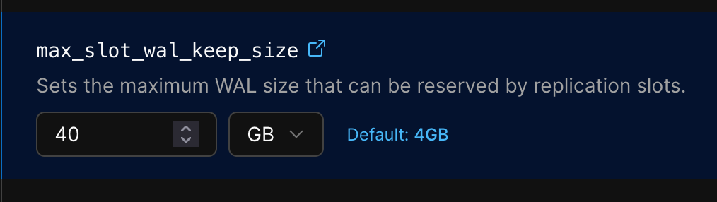 PlanetScale 콘솔에서 max_slot_wal_keep_size 조정